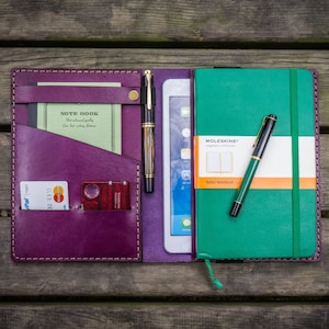 Purple Leather Cover for iPad Mini & Moleskine Large Notebook – A5 Travel Folio, Journal Case, Handmade Galen Leather Case for iPad