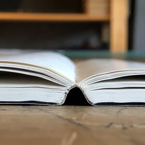 K&ouml;nnte beinhalten: Nahaufnahme eines leeren, wei&szlig;en Notizbuchs mit schwarzem Einband und goldenen Akzenten. Das Notizbuch ist auf einer leeren Seite ge&ouml;ffnet.