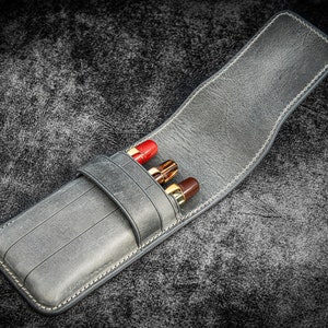 Leather Flap Pen Case for Three Pens - Crazy Horse Smoky