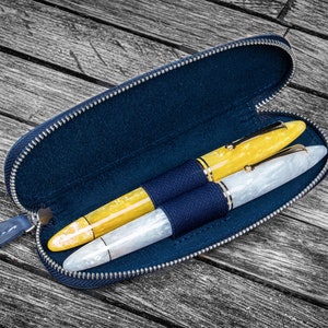 Leather Zippered Duo Slim Pen Case for 2 Pens - Crazy Horse Navy Blue