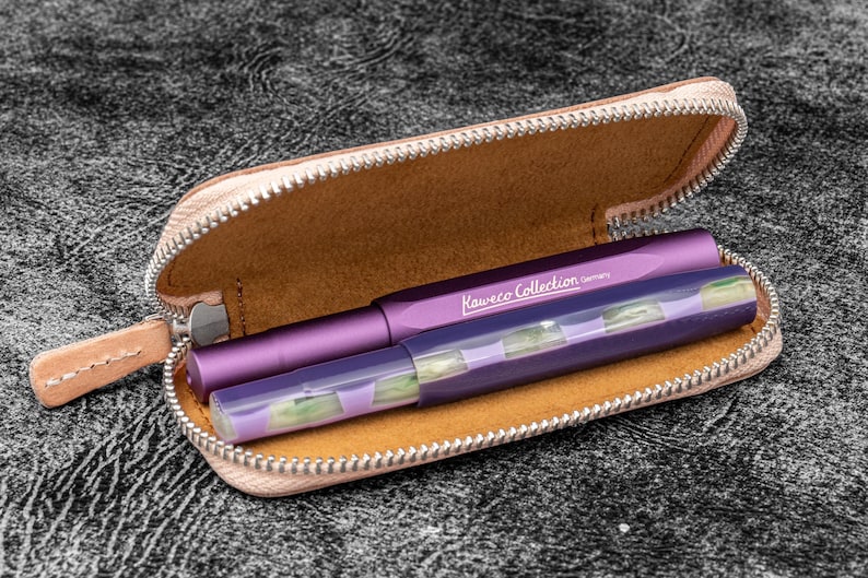 Leather Zippered Double Pen Case for Kaweco - Pocket Pen - Undyed Leather-