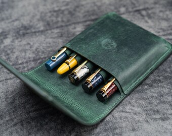 Leather Flap Pen Case for Five Pens - Crazy Horse Forest Green
