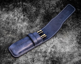 Leather Flap Pen Case for Two Pens - Crazy Horse Navy Blue