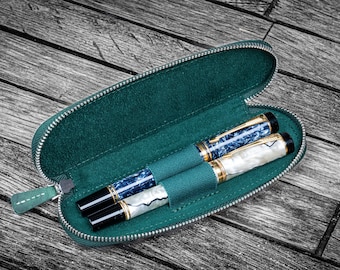 Leather Zippered Duo Slim Pen Case for 2 Pens - Crazy Horse Forest Green