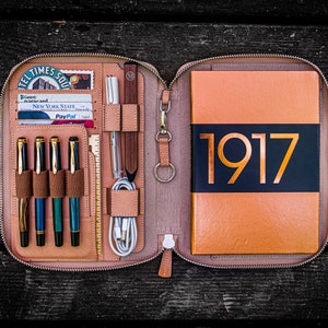 Leather Zippered A5 Notebook Folio – Undyed Handcrafted Leather Journal Cover for Leuchtturm1917, Luxury Stationery Gift for Writer Desk