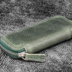 Leather Zippered Double Pen Case for Kaweco - Pocket Pen - Crazy Horse Forest Green