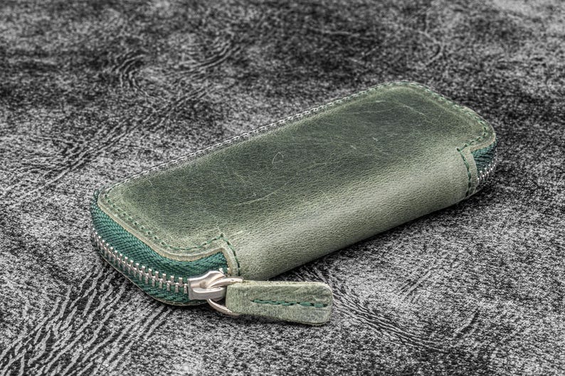 Leather Zippered Double Pen Case for Kaweco - Pocket Pen - Crazy Horse Forest Green