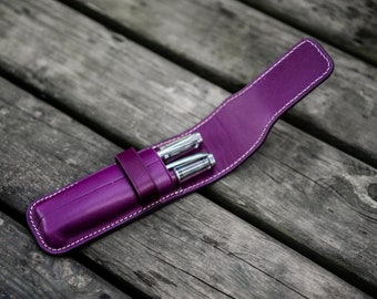 Leather Flap Pen Case for Two Pens - Purple