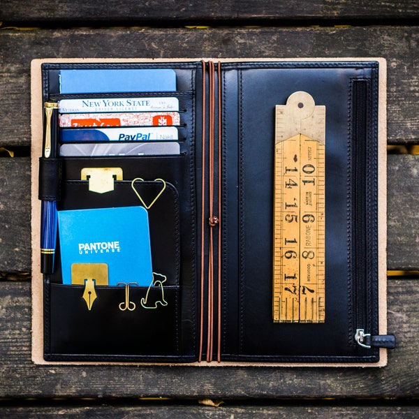Insertion de portefeuille en cuir pour carnet de voyage - Taille standard - Noir