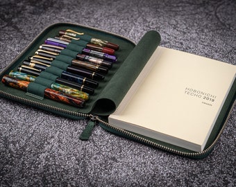 Leather Zippered 10 Slots Pen Case with A5 Notebook Holder - Crazy Horse Forest Green