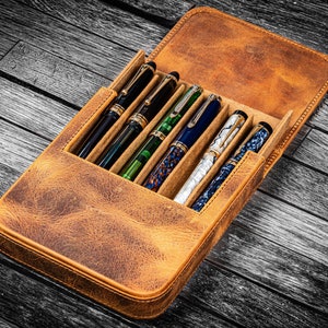 Leather Magnum Opus 6 Slots Hard Pen Case with Removable Pen Tray - Crazy Horse Brown