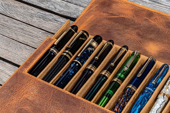 Genuine Leather 6 Slots Hard Fountain Pen Case Stationery Storage Box  Organizer