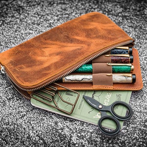 Leather Slip-N-Zip Pen Pouch - Brown Zippered Pen Case, 4 Slot Pen Holder, Handcrafted Pen Organizer, Fountain Pen Case, Personalized Gift