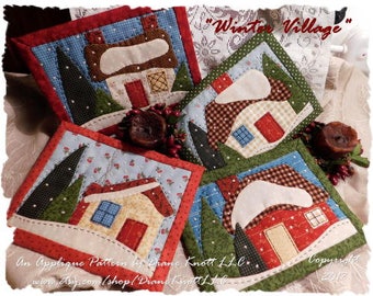Winter Village Mug Rug Applique Pattern Download by Diane Knott LLC - suitable for cotton or wool - easy to advanced