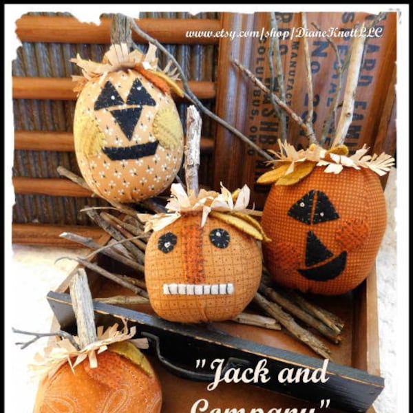 Prim Jack O' Lanterns Pincushions or Bowl Fillers Pattern Instant Download for Sewing by Diane Knott LLC - Three Designs Included