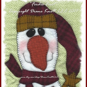 Prim Snowman - Wool Applique Pattern Download by Diane Knott LLC - Suitable for Cotton fusible and needle-turn also
