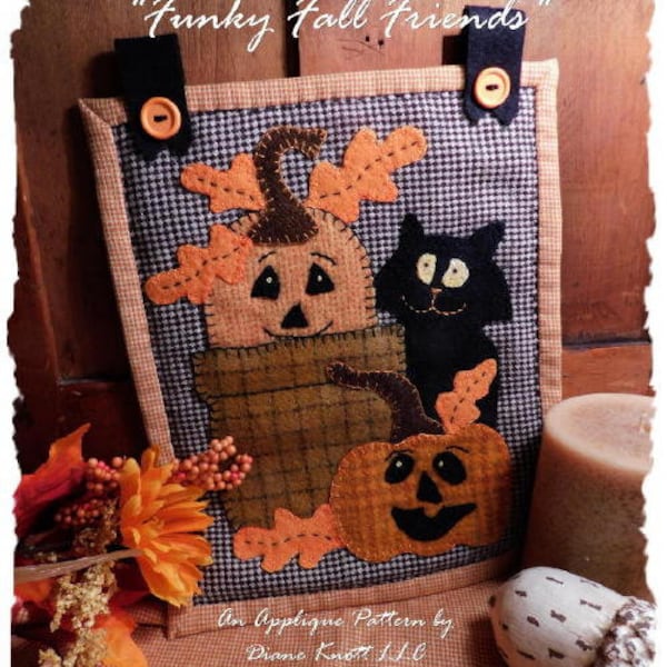 Black Cat and Jack O' Lanterns Wool Applique Pattern Download by Diane Knott LLC