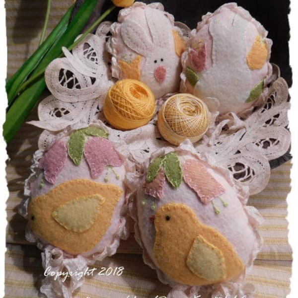 Chicks & Bunnies Easter Egg Bowl Fillers - Wool Applique Pattern Download by Diane Knott LLC