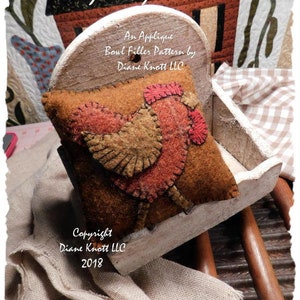 May include: A felt applique pattern for a bowl filler featuring a red and brown chicken with the title "Hokey Pokey The Chicken" and the text "An Applique Bowl Filler Pattern by Diane Knott LLC Copyright Diane Knott LLC 2018 www.etsy.com/shop/DianeKnottLLC".
