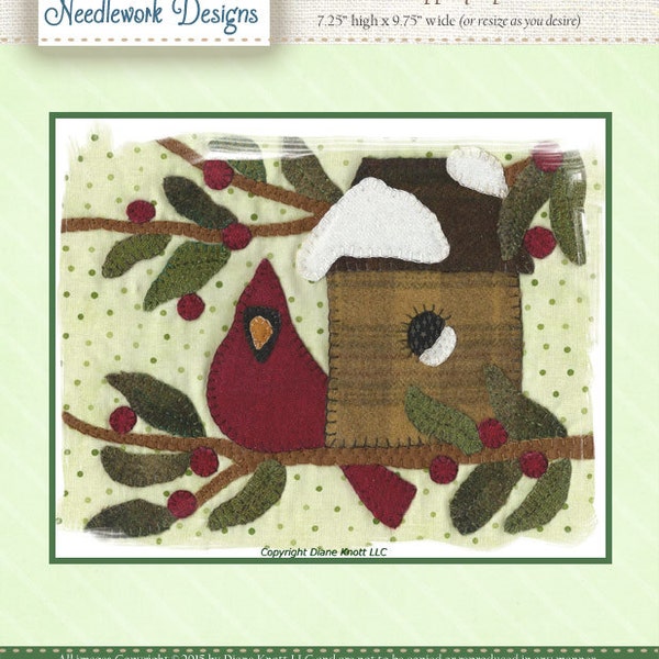 Winter Cardinal Wool Applique Pattern Download by Diane Knott LLC