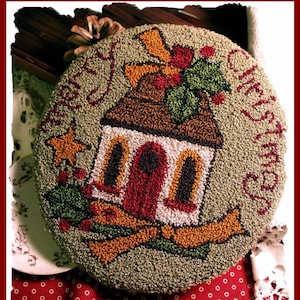 Merry Christmas Cottage with Holly Punch Needle Cottage Pattern Download by Diane Knott LLC