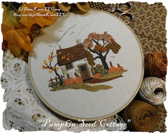 Little Fall English Cottage with Pumpkins and Colorful Trees Hand Embroidery Pattern Download by Diane Knott LLC