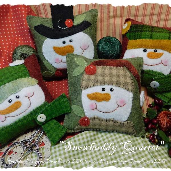 Applique Snowman Bowl Fillers Pattern Download for Wool or Wool Felt - All 4 Designs Incl. 4 1/2" Sq. each