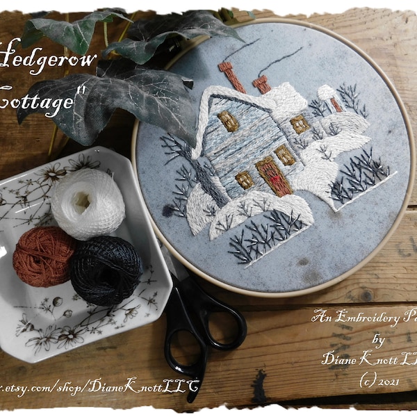 Winter Snow Scene and Cottage Embroidery Instant Download Pattern by Diane Knott LLC - Hedgerow Cottage