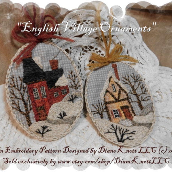 Christmas Ornament Embroidery Pattern Download - English Village - by Diane Knott LLC - Both designs are included in pattern