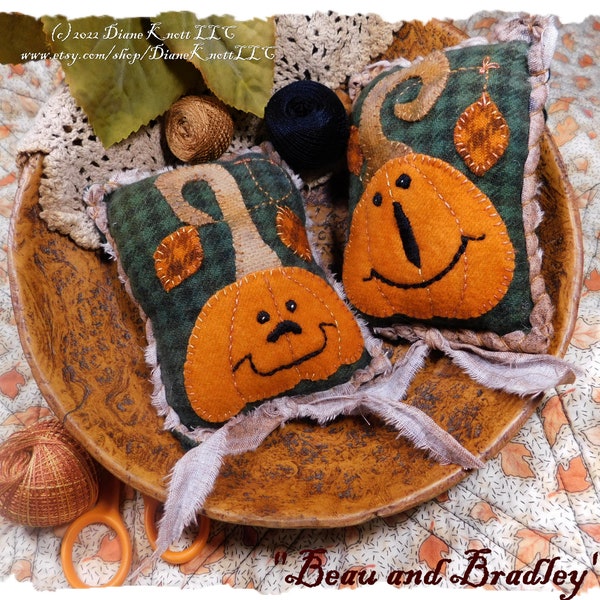 Jack O' Lantern Bowl Fillers or Pincushion Wool Applique Pattern Download by Diane Knott LLC - Beau and Bradley EASY Project