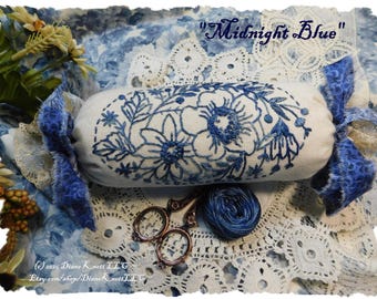 Midnight Blue Floral Embroidery Pattern: Pincushion, Needle Roll, Sachet (PDF & JPG Download