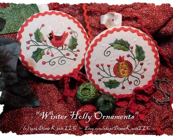 Hand Embroidery Christmas Ornaments Pattern Download of A Cardinal and A Pomegranate by Diane Knott LLC
