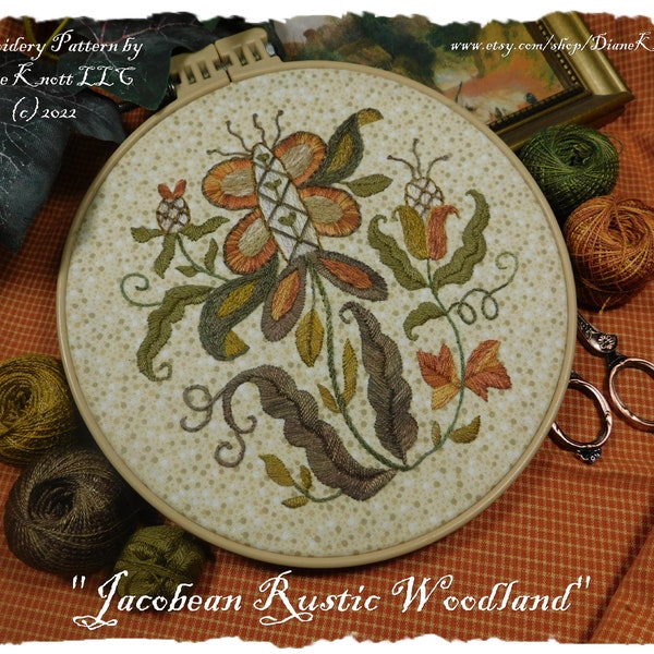 Jacobean Floral Crewel Style Hand Embroidery Pattern Download by Diane Knott LLC - Jacobean Rustic Woodland using pearl cotton thread