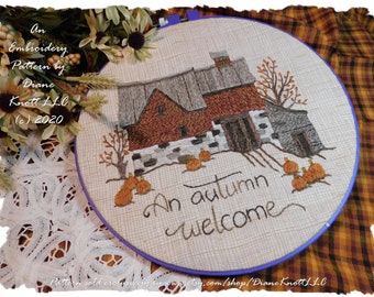 Autumn Barn Embroidery Sampler Pattern Download with Verse by Diane Knott LLC