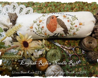English Robin Hand Embroidery Pattern for a Needle Roll, Pincushion, Sachet, Bowl Filler Digital Download