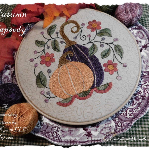 Autumn Still Life Embroidery Pattern Download by Diane Knott LLC - Autumn Rhapsody - pumpkin and gourd and flowers