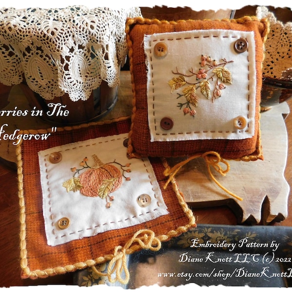 Berries in The Hedgerow Hand Embroidery Pattern Download by Diane Knott LLC - Mug Rug or Pincushion, Mini Pillow or Bowl Filler