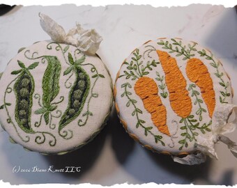 Peas and Carrots Hand Embroidery Mini Box for Buttons, Seeds, Trinkets by Diane Knott LLC