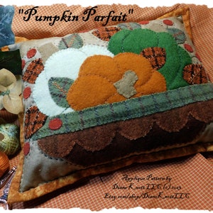 Descarga de patrón de aplicación de mano de lana de otoño, calabazas, bayas, hojas, parfait de calabaza - 1 PDF y 2 JPG incl., Adecuado para fusible de algodón