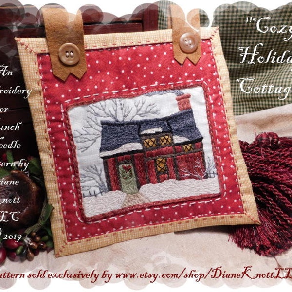 Christmas and Holiday Cottage Embroidery or Punch Needle Pattern Download by Diane Knott LLC - Instructions for both techniques incl.