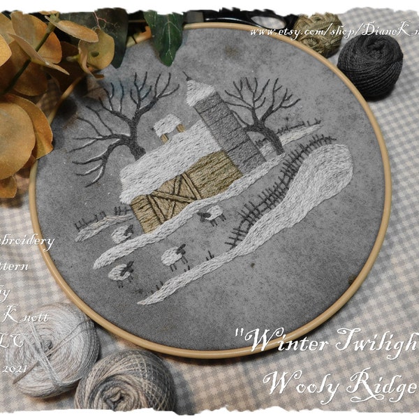 Winter Barn Scene Embroidery Pattern Instant Download by Diane Knott LLC - Winter Twilight on Wooly Ridge