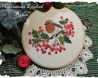Christmas English Robin Hand Embroidery Pattern Download - Bird with Red Berries and Holly Leaves by Diane Knott LLC - Easy Stitches