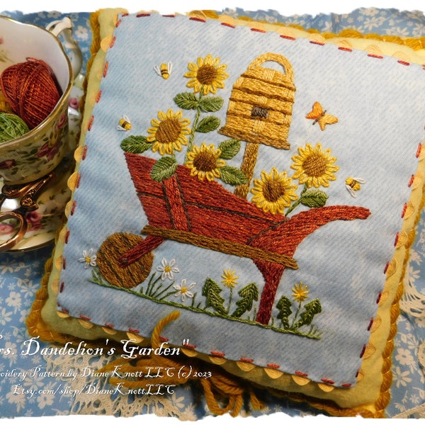 Summer Embroidery Pattern Download by Diane Knott LLC - Mrs. Dandelion's Garden - A Petite Pillow Pattern