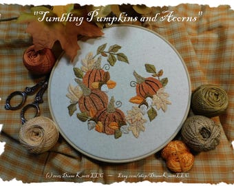 Tumbling Pumpkins and Acorns Hand Embroidery Pattern Download by Diane Knott LLC - Easy Stitches