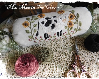 Cow Embroidery Pattern: Ms. Moo Needle Roll, Pincushion (PDF and JPG Download)