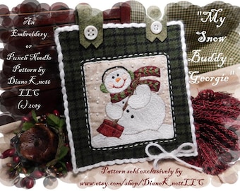 Snowman Embroidery or Punch Needle Pattern Download by Diane Knott LLC - Instructions for both techniques are included