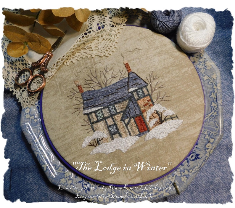 English Tudor Lodge in Winter Hand Embroidery Pattern Download EASY stitches Diane Knott LLC image 1