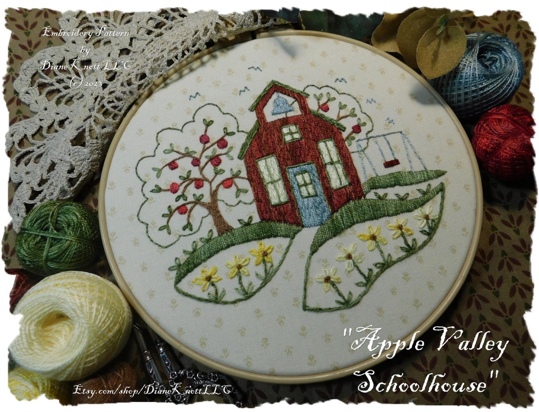 Schoolhouse With Apple Tree Hand Embroidery Pattern Download by Diane ...