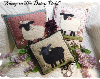 Sheep in The Daisy Field Wool Applique & Embroidery Pattern Download Bowl Filler, Pincushion, Mini Pillow by Diane Knott LLC