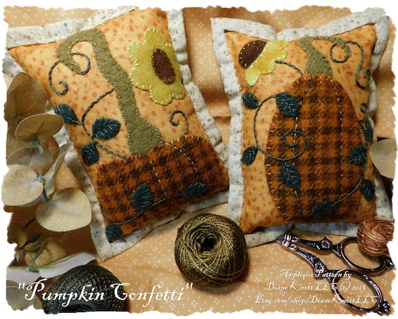Wool Applique Pumpkins Bowl Fillers Pattern Download 4 1/4" X 6" Diane Knott LLC Both Designs Included 1 PDF & 1 JPG